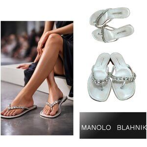 Manolo Blahnik Silver Crystal Thong Sandals Size 39.5 / 9.5 Designer Slide Shoes